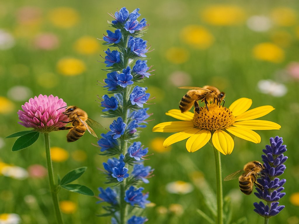 שלוש דבורים מאביקות תלתן ורוד, פרח צהוב ופרחים כחולים וסגולים בגינה