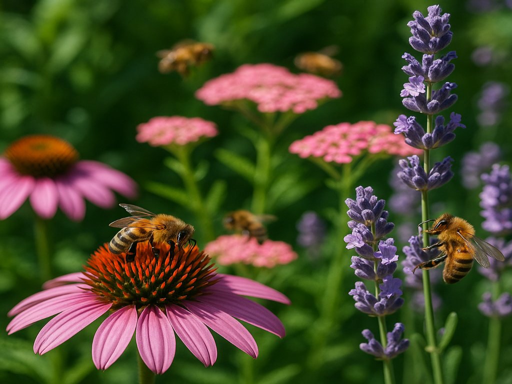 דבורים אוספות צוף מפרח אכינצאה ורודה ולבנדר סגול בגינה