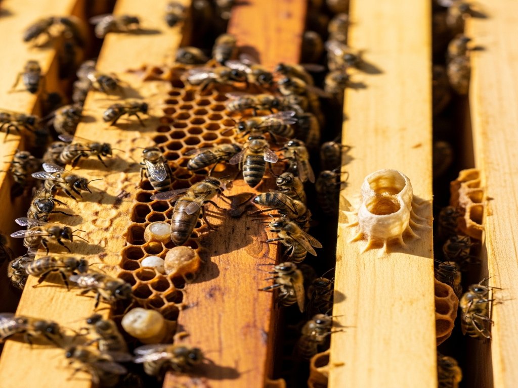 דבורים על חלת דבש ומסגרות עץ, עם תא מלכה בולט על אחת המסגרות