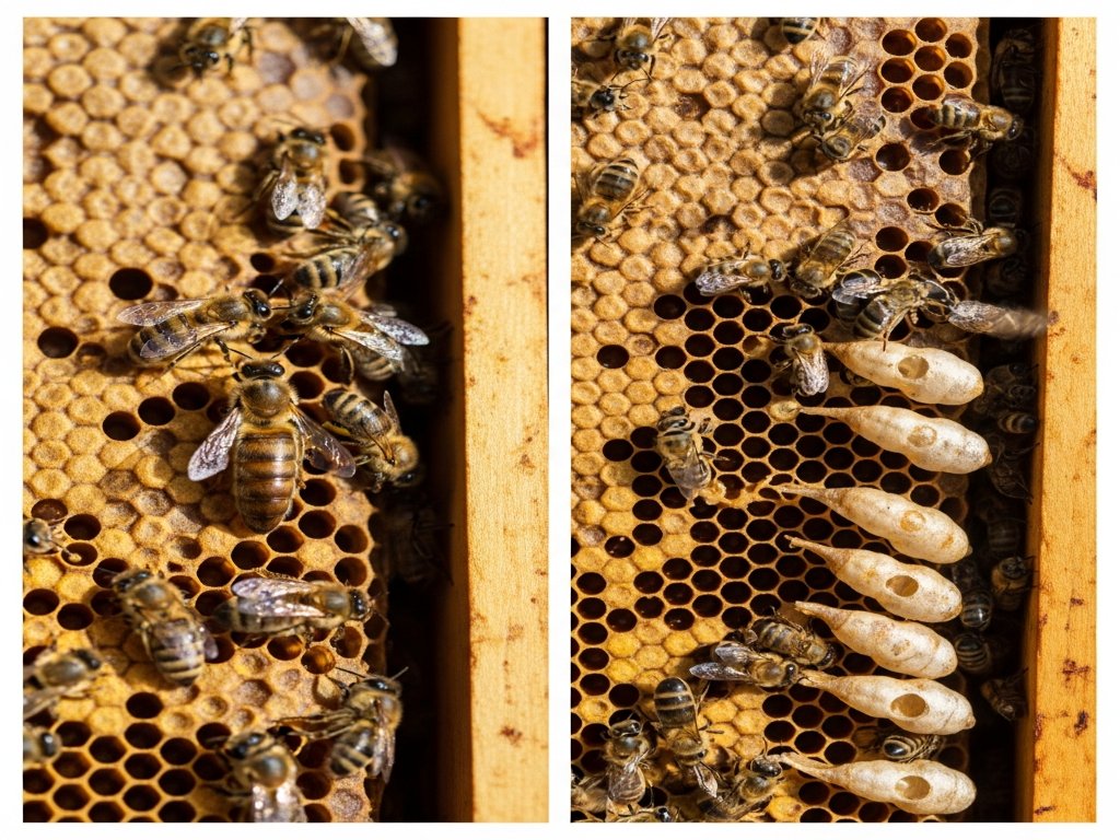 חלת דבורים עם דבורים עובדות ותאי מלכה מוארכים לבנים בצד הימני