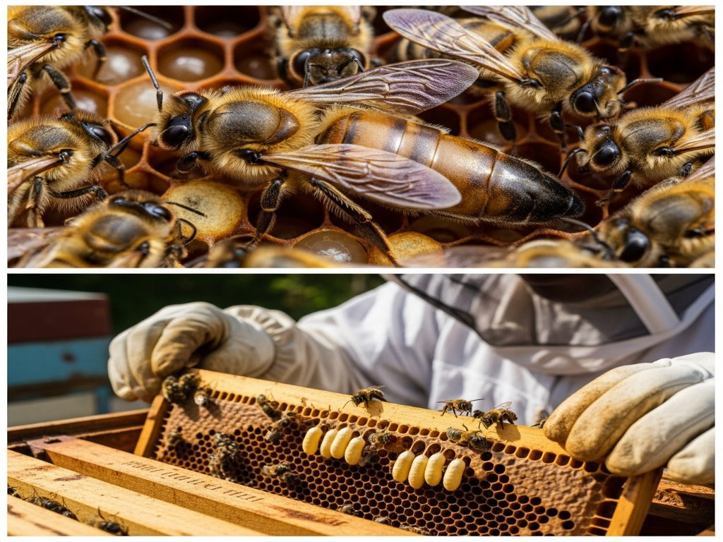 תקריב של מלכת דבורים בין פועלות על חלת דבש ומסגרת כוורת עם תאי מלכה