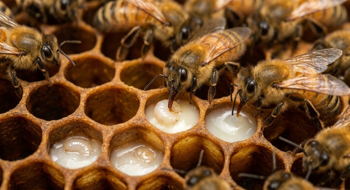 דבורות מיניקות מאכילות זחלים בתאי דגירה פתוחים