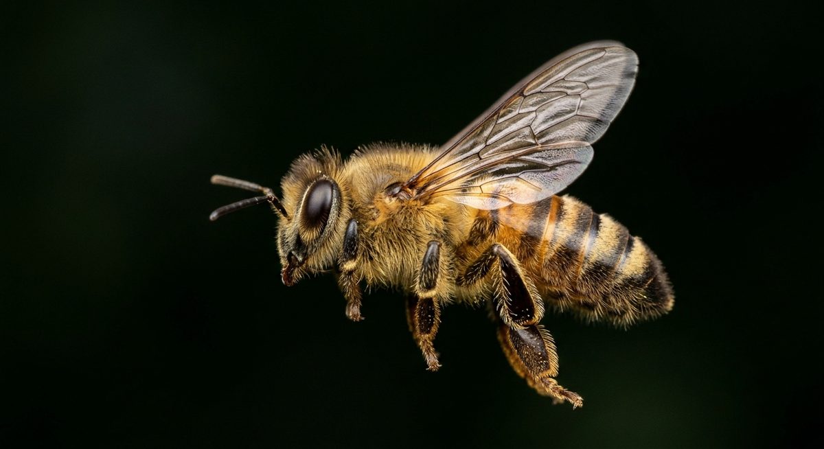 דבורת דבש בטיסה — כנפיים שקופות וגוף מחולק