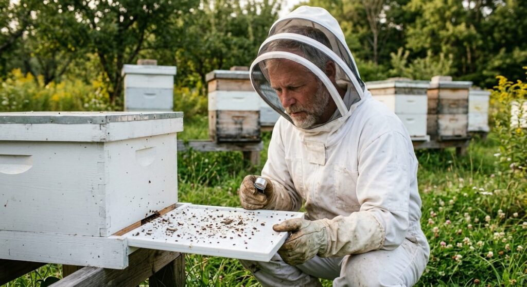 כוורן בודק לוח ניטור לספירת ורואה אחרי טיפול בגלביטרז