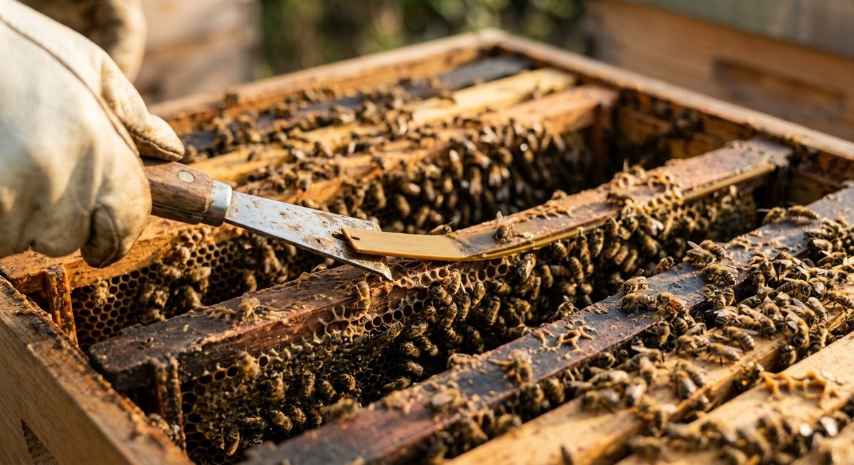 הוצאת מקלות גלביטרז מבין מסגרות הכוורת בכלי כוורן