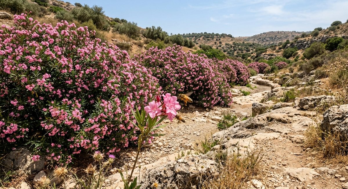שיחי הרדוף הנחלים בפריחה ורודה לאורך נחל בישראל