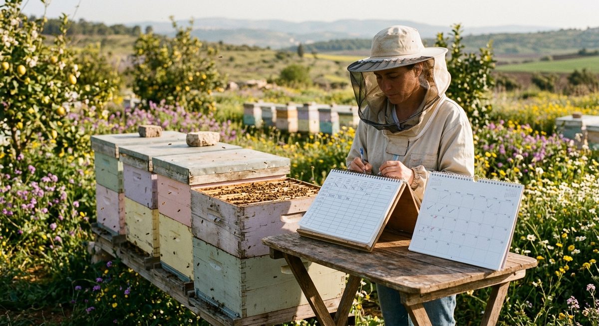 כוורן רושם ביומן עבודה ליד כוורות