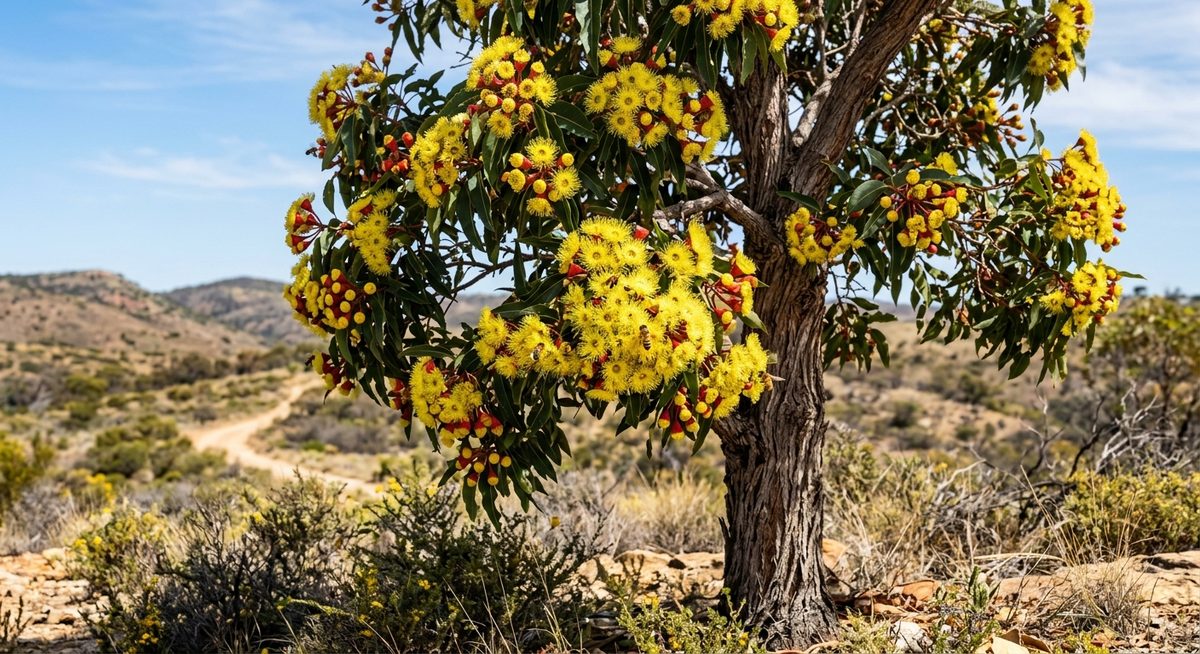 עץ אקליפטוס אדום מצנפת בפריחה צהובה עם דבורי דבש