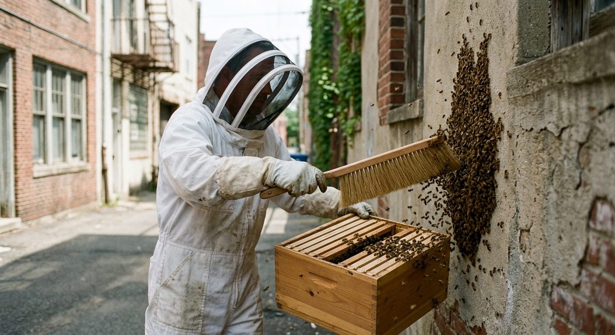 כוורן אוסף נחיל דבורים מקיר לתוך ארגז גרעין