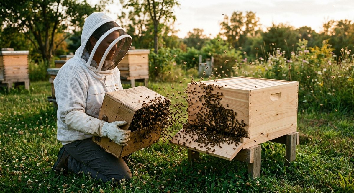 דבורים מנחיל נכנסות לכוורת חדשה