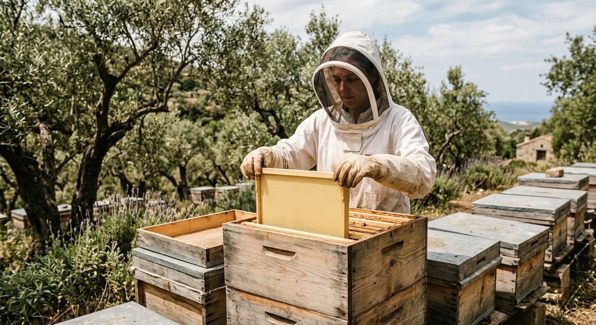 כוורן מחזיר מסגרות ריקות לכוורת לניקוי על ידי הדבורים