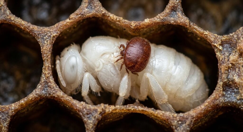 תקריב מאקרו של טפיל ורואה על גלם דבורה בתא דגירה