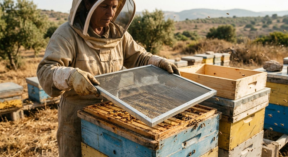 כוורן מניח רשת הנימן על קומת הקן בכוורת לנגסטרוט