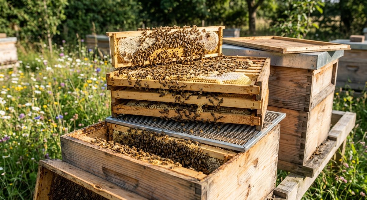 כוורת פתוחה עם שלוש קומות ורשת הנימן גלויה