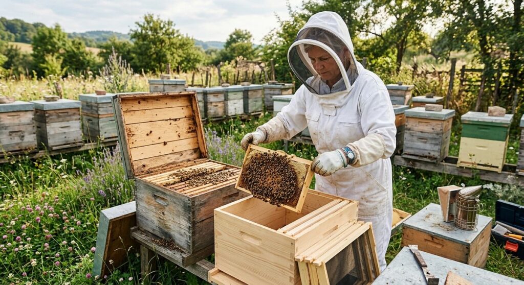 כוורן מעביר מסגרות מכוורת אחת לשנייה בתהליך פיצול
