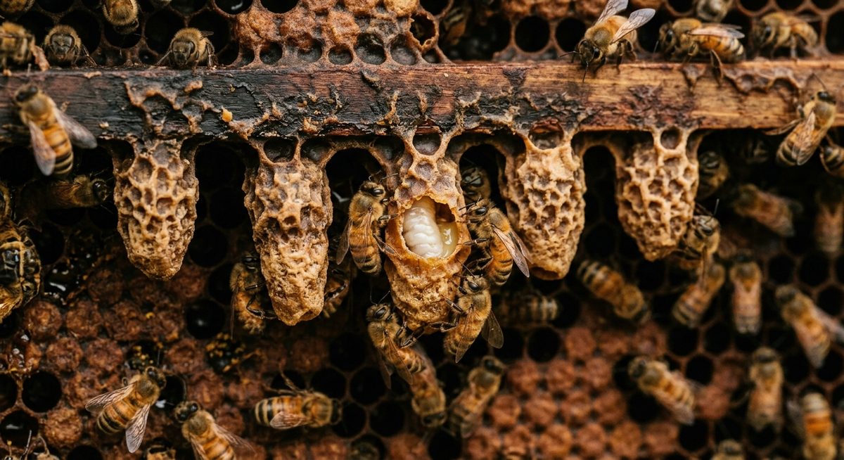 תקריב תאי מלכה בצורת בוטן על מסגרת דגירה
