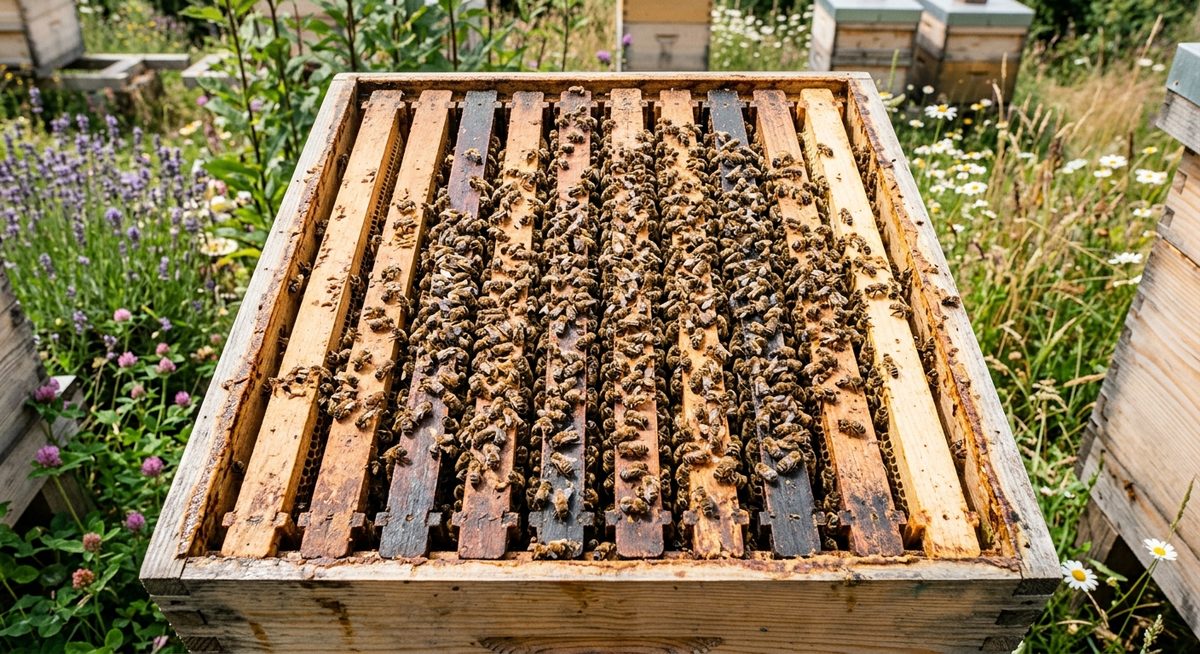 מבט מלמעלה על כוורת חזקה עם דבורים מכסות 9 מסגרות