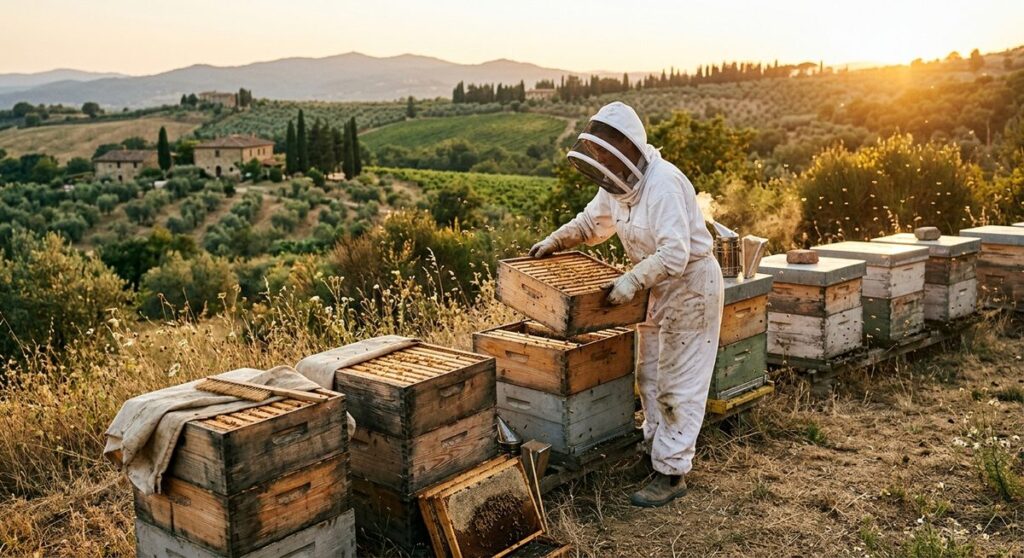 כוורן מוריד קומות דבש מכוורות בסוף רדיית הקיץ