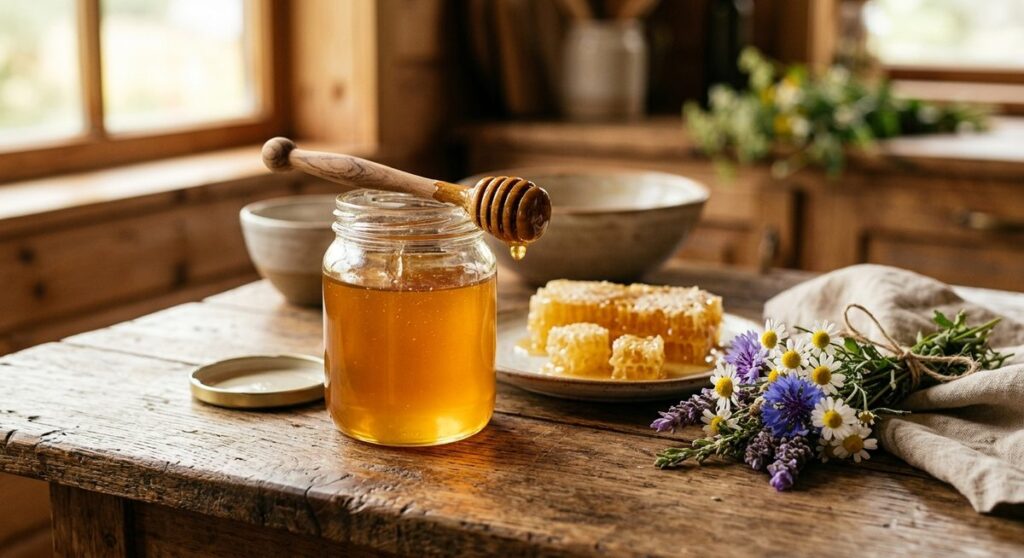 צנצנת דבש טבעי עם כפית עץ, חלת דבש ופרחים