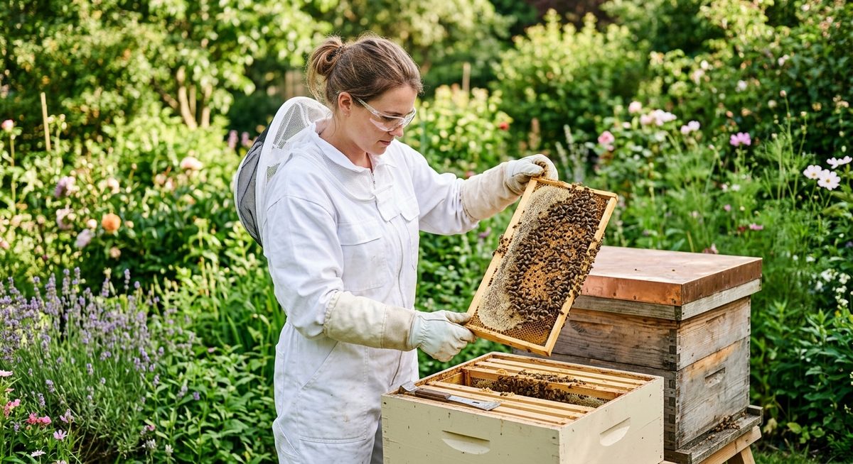 כוורנית מתחילה בודקת מסגרת מכוורת בגינה