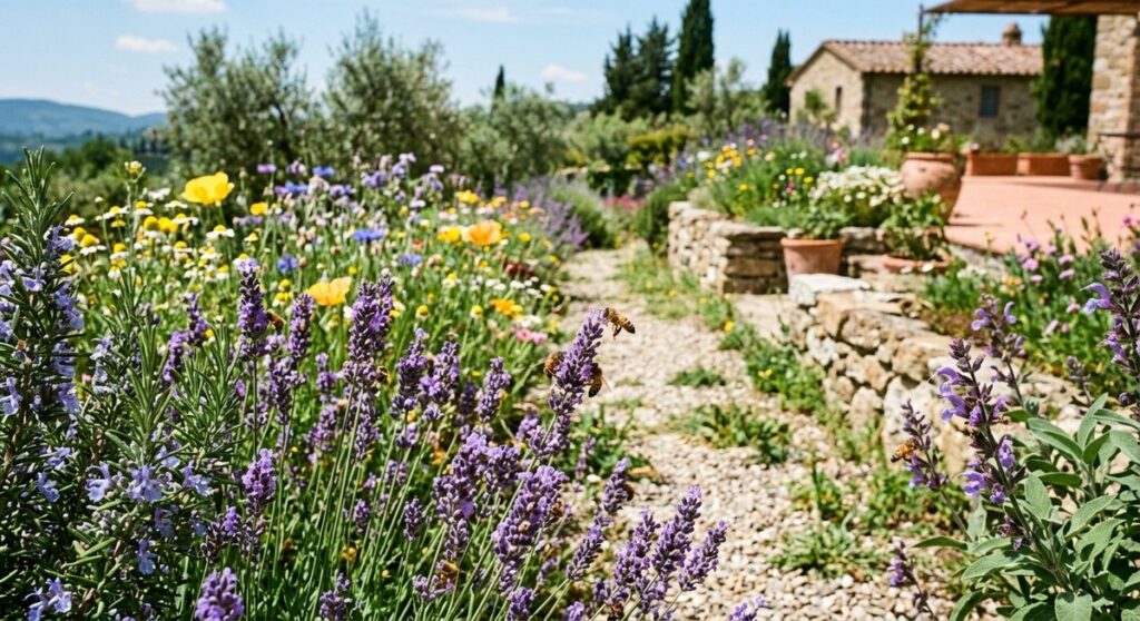 גינה ים-תיכונית עם לבנדר, רוזמרין ופרחי בר ודבורים