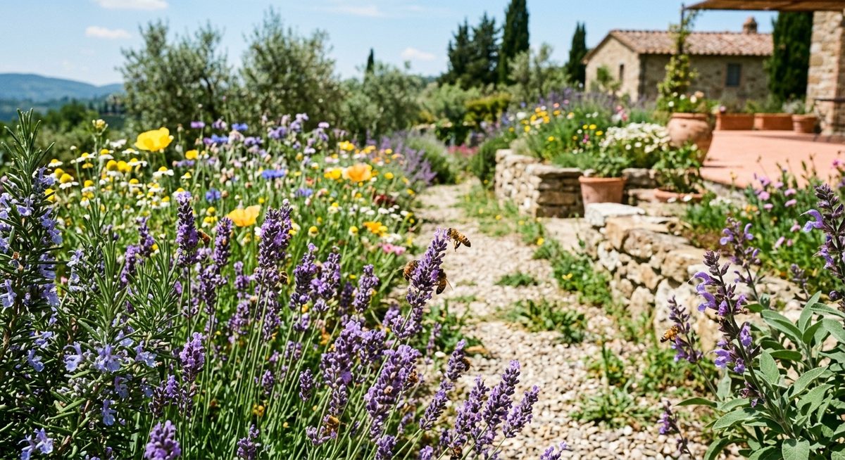 גינה ים-תיכונית עם לבנדר, רוזמרין ופרחי בר ודבורים