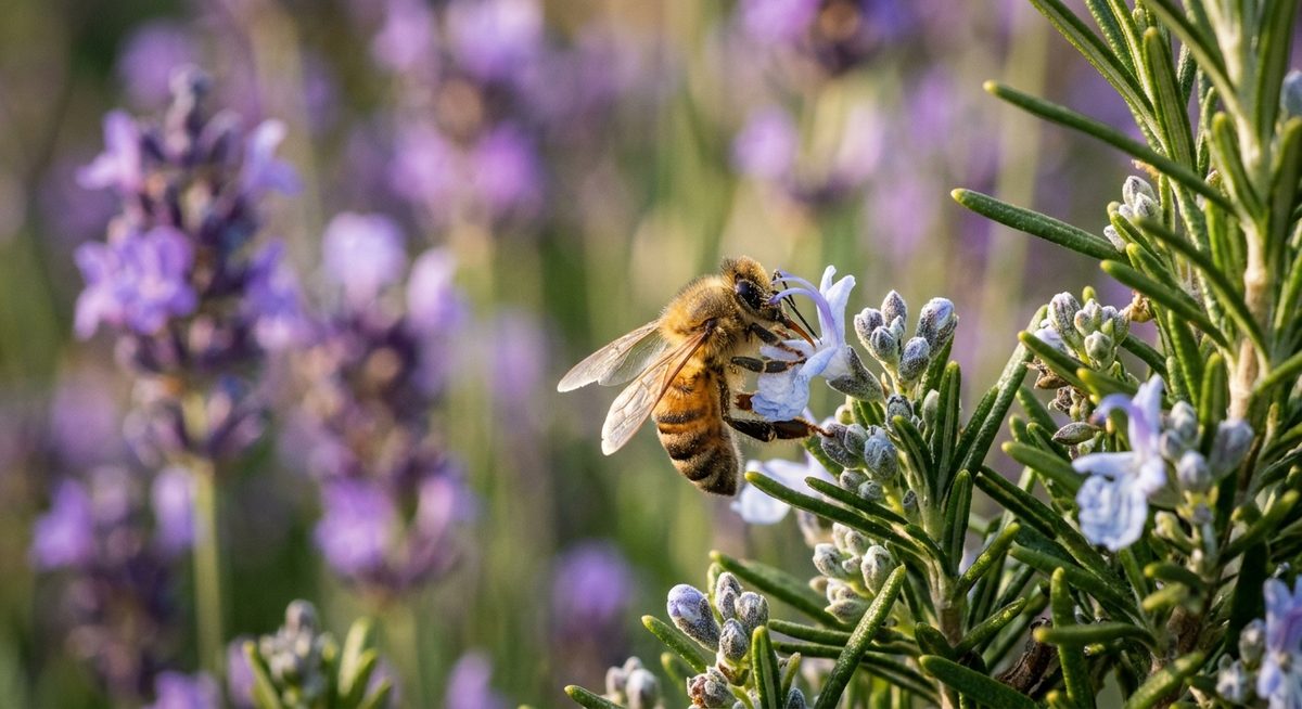 דבורת דבש על פרחי רוזמרין עם לבנדר ברקע