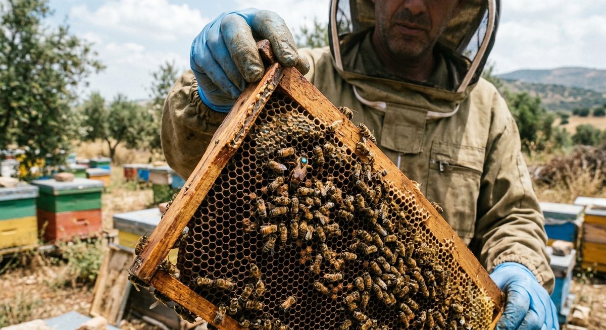 כוורן מחזיק מסגרת עם מלכה מסומנת בין דבורים פועלות