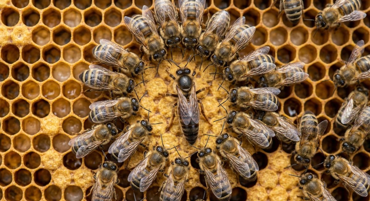 תקריב מלכת דבורים מוקפת פועלות על חלת דבש
