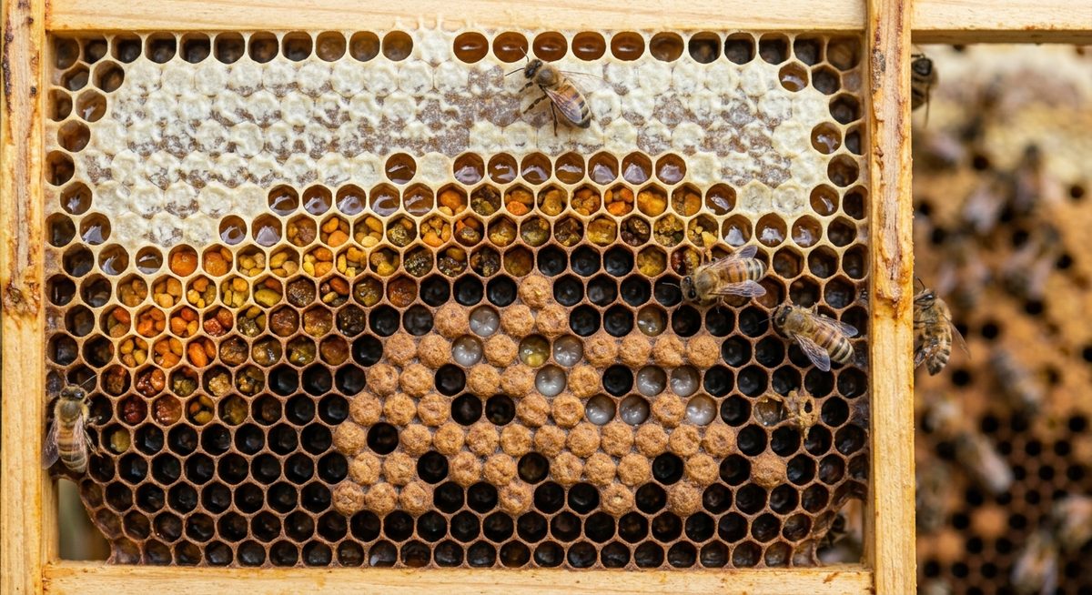 חלת דבש עם תאים משושים — דבש, אבקנים ודגירה