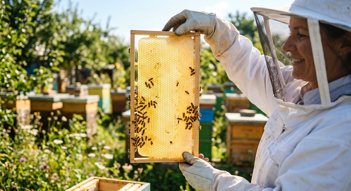 כוורן מחזיק חלת שעווה לבנה חדשה מול השמש