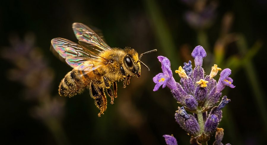 דבורת דבש בטיסה עם אבקנים