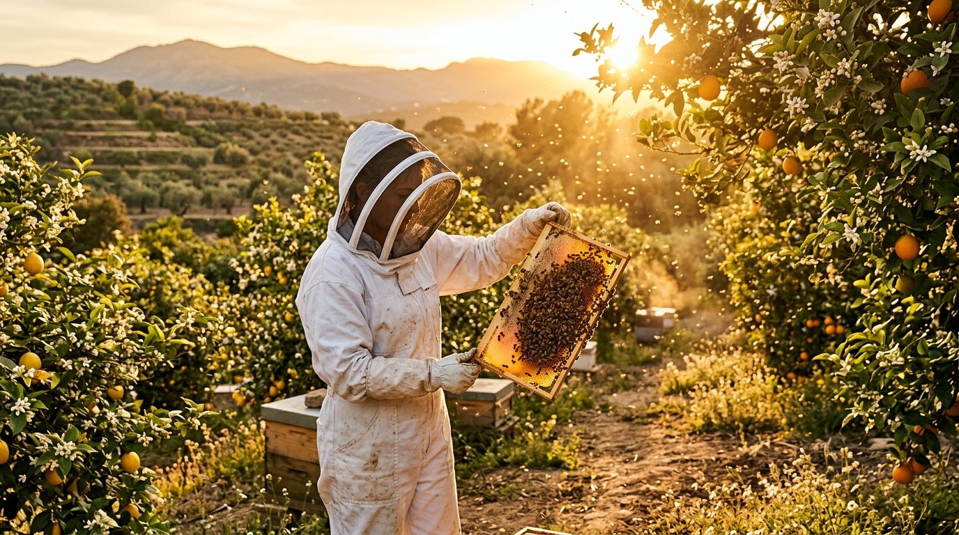 כוורן מחזיק חלת דבש באור שקיעה זהוב